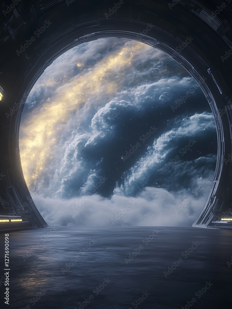 Poster futuristic space station orbiting a gas giant, captured in a stunning image showcasing advanced tech
