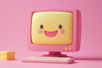 Cute cartoon computer with a smiling face on a pink background.