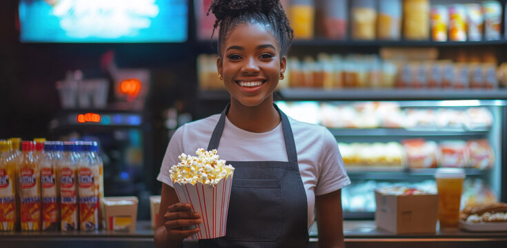 A young African American woman happily holds a large bucket of popcorn in a vibrant movie theater concession stand filled with snacks