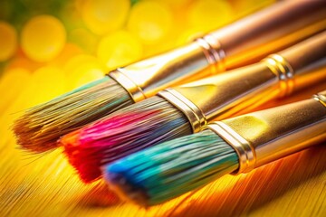 Fototapeta premium Close-up of Three Watercolor Brushes on Vibrant Yellow Background - Long Exposure Photography