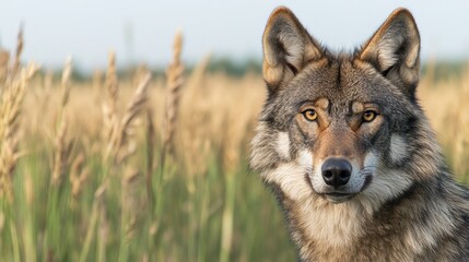 Fototapeta premium Majestic Wolf Stands Proudly Amid Golden Grassy Field Landscape