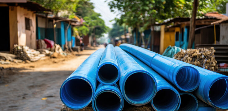 A stack of blue plastic pipes rests on a dirt road in a rural setting, with nearby houses and greenery visible in the background