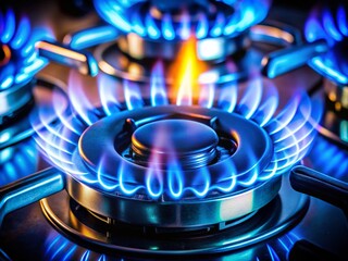 Close-Up of Vibrant Blue Gas Stove Burner Flames - Detailed Macro Shot