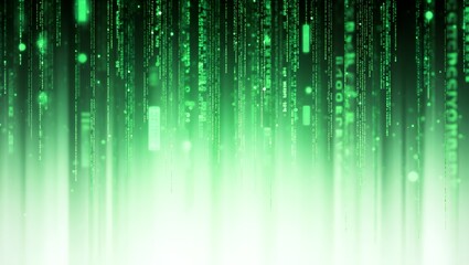 Neon green digital rain flows down, an abstract pattern that is fascinating, resembling a futuristic matrix code, on a clean white background, reminiscent of cutting-edge innovation and technology.