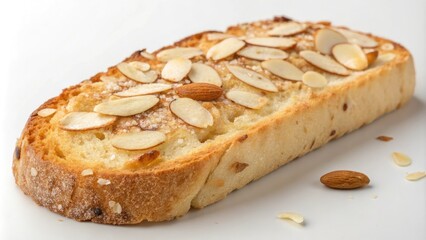 Toasted almond-studded ciabatta bread with a crispy crust and a soft interior, soft interior, baked goods, food styling, breakfast item, toasted almonds