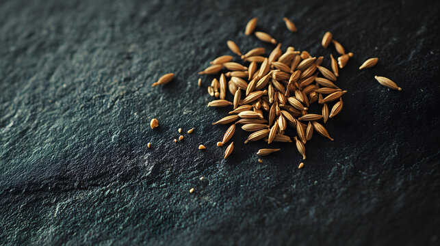 A small cluster of cumin seeds placed on a dark surface, their fine, elongated shapes and earthy tones clearly visible in the image.