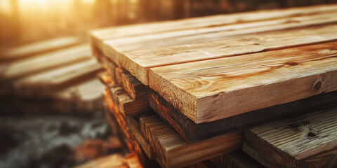 Pine wood planks are stacked neatly, showcasing their intricate grain patterns under warm light at a lumber yard during evening time