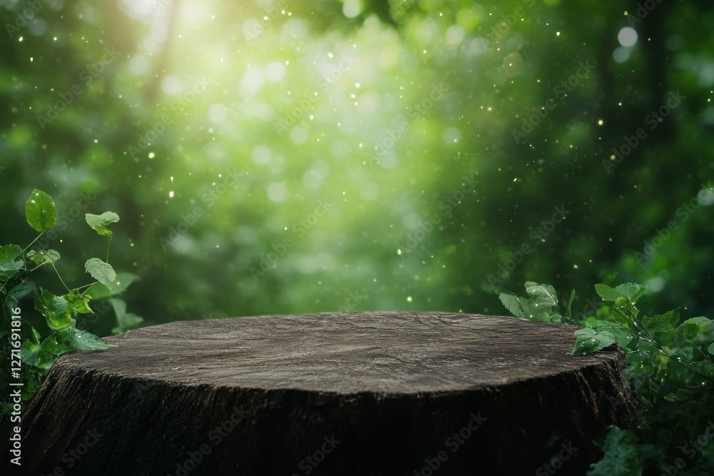 Poster enchanted forest showcase: a rustic tree stump platform invites focus within a magical setting