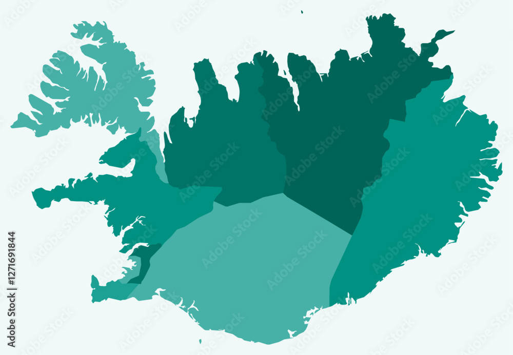 Poster map of iceland with regions. just a simple country border map with region division. teal color palet