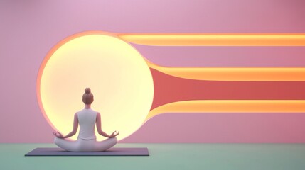 yoga mindfulness discipline. A serene figure meditates in front of a large sun, with vibrant rays extending outward, creating a calming, colorful atmosphere.