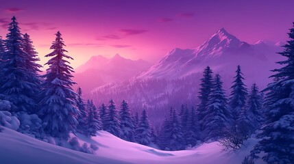 Fototapeta premium Purple sunset over snow-covered mountain range and pine forest.