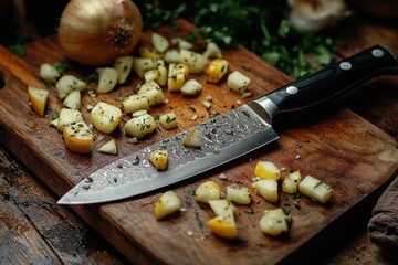 Chopped potatoes seasoned with herbs and spices rest on a wooden cutting board beside a chef's knife