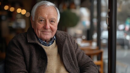 Portrait of a Smiling Elderly Man in Cozy Café Setting
