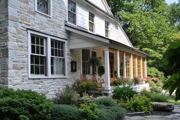 Beautiful stone house with large windows and colorful flowers in a serene garden during bright daylight near a lush green landscape