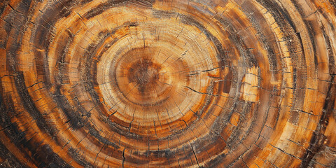 Fototapeta premium Close-up view captures the intricate patterns of cut tree rings, highlighting the unique textures and colors in the wood