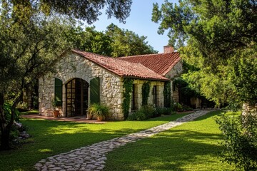 Obraz premium Nestled amid vibrant greenery, this enchanting stone cottage features a delightful winding path, creating a serene atmosphere on a sunny day in a peaceful garden setting