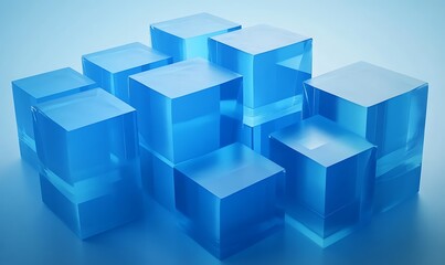 Fototapeta premium Perfectly Arranged Translucent Blocks. Blue, Futuristic Tech Background. Teal and Black, .