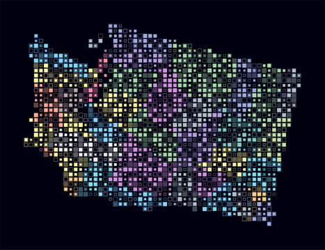 Washington, shape of the state build of colored cells. Digital style map of the Washington on dark background. Small size square blocks. Stylish vector illustration.