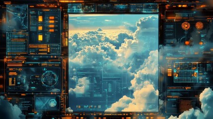 696. Cloud computing interface with digital elements, technology detail, software view, detail --ar 16:9 --v 6.1 Job ID: 2ba7780a-a32b-4db9-8bc7-80cb872c42b2