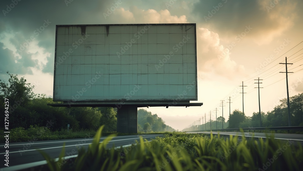 Poster billboard stands empty beside a quiet highway at dusk with power lines in the background