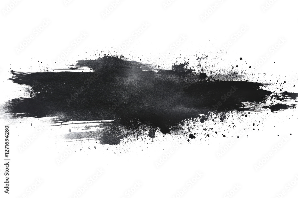 Poster black brush stroke with splatters creating a dynamic texture on a clean white background