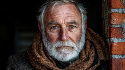 Authentic Portrait of Mature Man with White Beard in Cozy Scarf