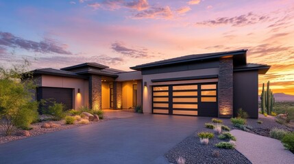 Fototapeta premium Modern Luxurious Smart Home with Integrated Garage and Sustainable Design Features in Contemporary Residential Architecture