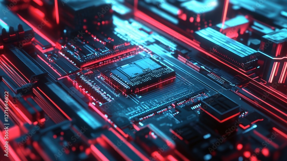 Poster a close-up of a high-tech microchip being placed onto a motherboard with robotic precision.