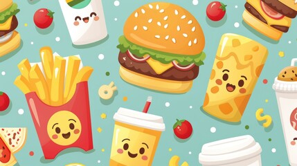 Colorful illustration of cheerful fast food items including burgers, fries, and drinks on a playful background