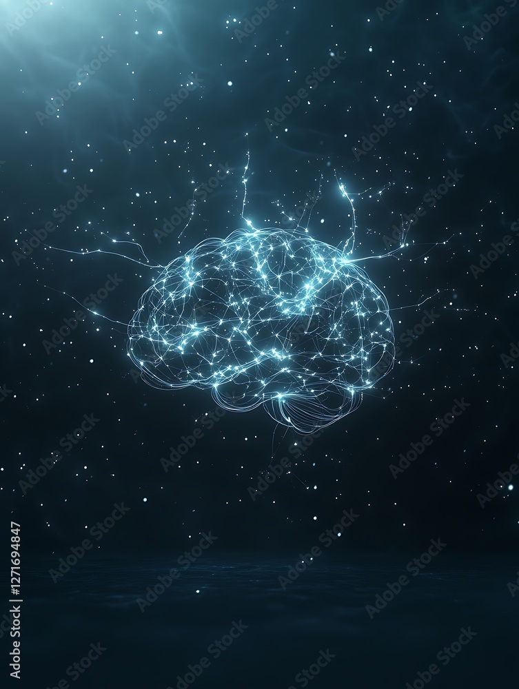 Poster artistic depiction of a cyber brain concept, showcasing vibrant glowing elements and intricate desig