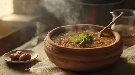 Steaming lentil soup in a rustic clay bowl evokes the warmth of communal meals during Ramadan, surrounded by dates and water in a softly lit setting