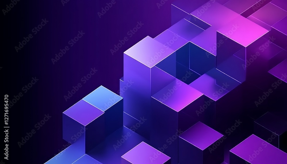 Poster precisely aligned glossy blocks. purple and blue, modern tech background. 3d render.