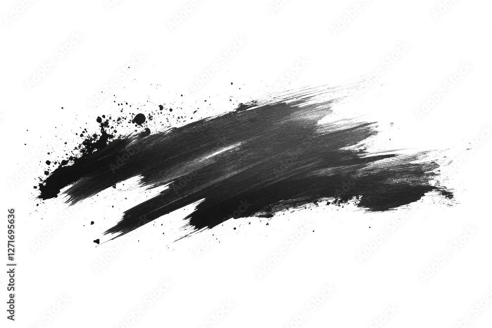 Poster wide black brushstroke with splatters creating dynamic texture on white background