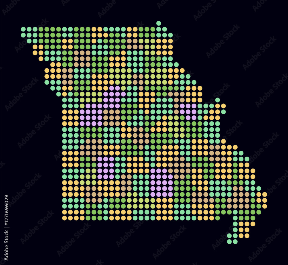 Poster missouri dotted map. digital style map of the state on dark background. missouri shape with circle d
