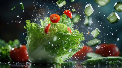 Fresh salad ingredients exploding, dark background, food photography, recipe website