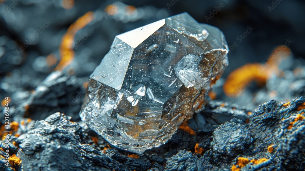 Poster a clear crystal rests on a rugged rock surface, reflecting light and highlighting its sharp edges. t