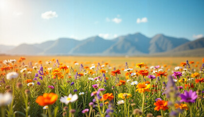 Fototapeta premium Vibrant wildflower field blooming under a clear blue sky with mountains in the background
