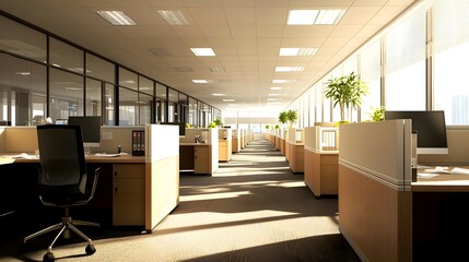 Bright Modern Office Interior with Sunlight and Cubicles