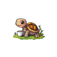 Adorable Cartoon Tortoise Enjoying a Cup of Coffee