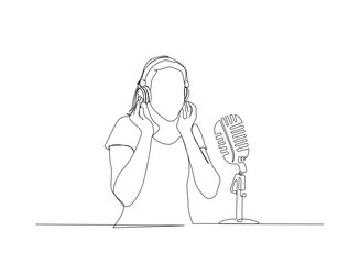 Continuous one line drawing of young lady wearing headphones and vintage microphone. Podcast and broadcast concept in single line draw illustration. Editable stroke.