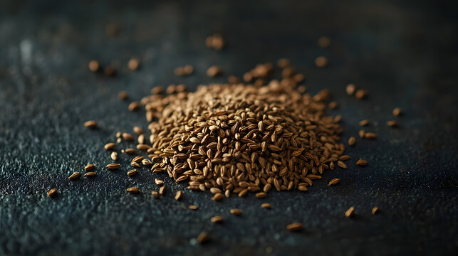 A small mound of whole cumin seeds on a dark surface, their elongated shape and earthy brown color are clearly visible.