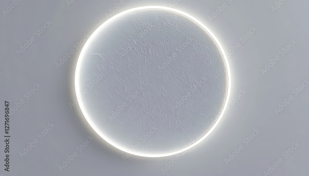 Poster white surface with embossed shape and white illuminated edge. tech background with neon circle. 3d r