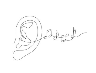 Continuous one line drawing of  human ears with music notes. Human ear and music notes single line draw illustration. Editable stroke.