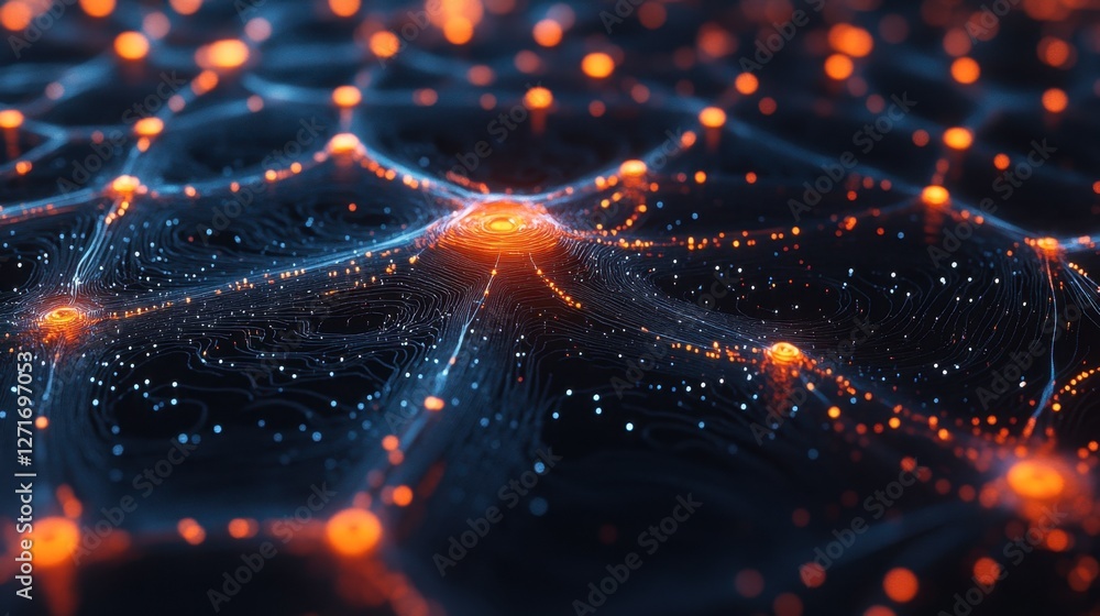 Poster a concept image of blockchain technology with glowing chains and decentralized network nodes.
