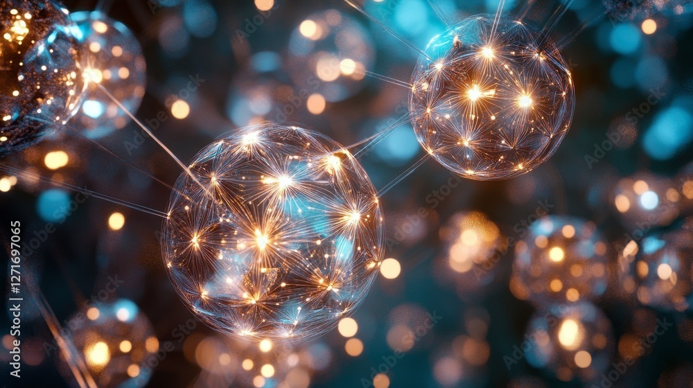 Poster a concept image of blockchain technology with glowing chains and decentralized network nodes.