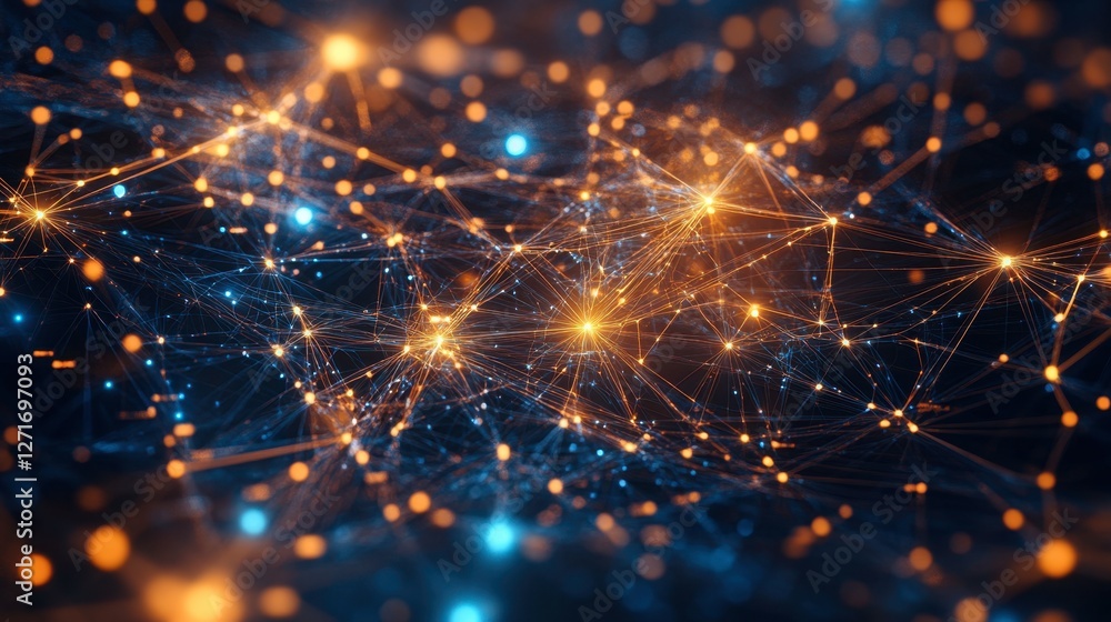 Poster a concept image of blockchain technology with glowing chains and decentralized network nodes.