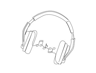 Continuous one line drawing of person wearing audio headphones. Woman listening music on Earphones single line draw illustration. Editable stroke.