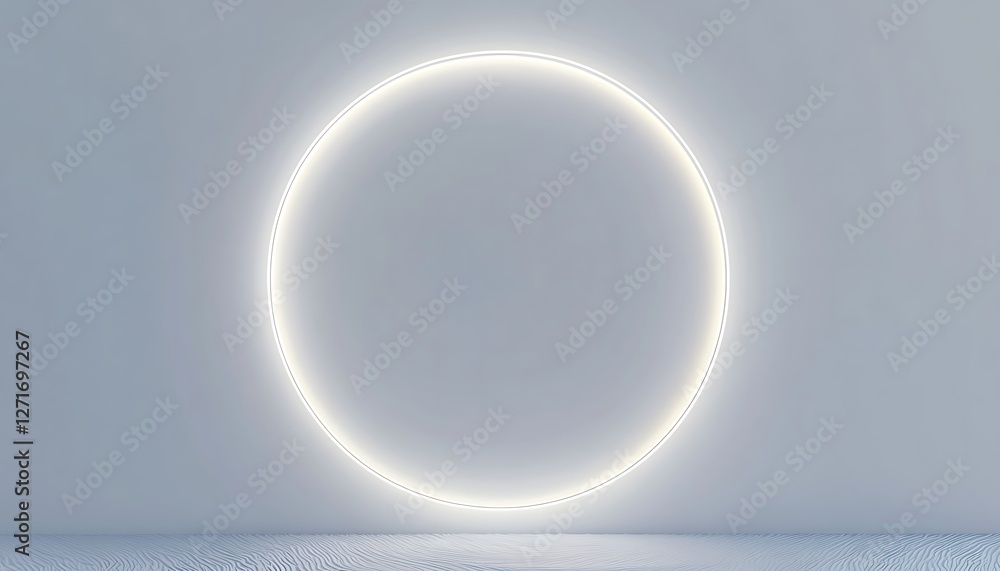 Poster white surface with embossed shape and white illuminated edge. tech background with neon circle. 3d r