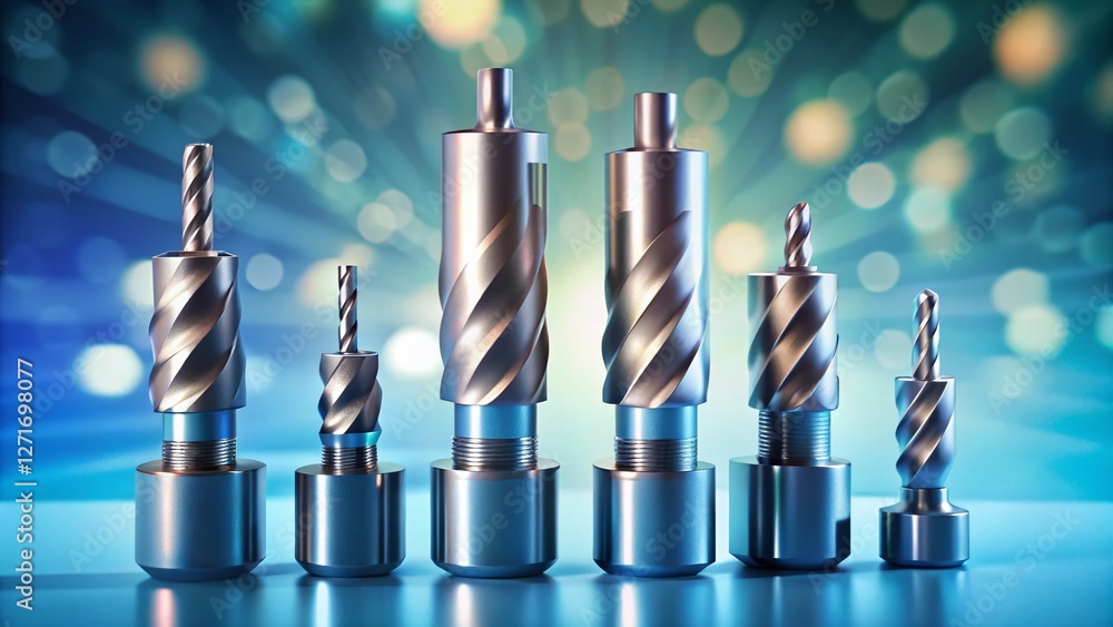 Poster cnc milling tools: close-up of radius & ball nose end mills with bokeh background