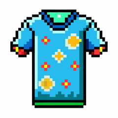 Pixel Art Floral Shirt   Retro Blue T shirt with Digital Flowers and Stylish Design